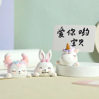 Sevimli Unicorn Tavşan Minyatür Figürler Ev Ofis Masası Mesaj kart tutucu Reçine Süsler Masa Dekorasyon Kawaii Odası Dekor