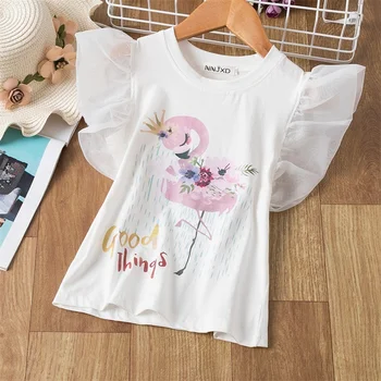 Kız T-Shirt Kısa Kollu Flamingo Unicorn Baskı Üstleri Bebek Kız yaz giysileri Sequins Tshirt 3-8Yrs Çocuklar Kızlar için Tees