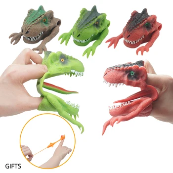 Fabrika Outlet Komik toksik Olmayan Yumuşak TPR Plastik Hayvan Dinozor Kafası parmak kuklası Dil Ve Ayak Kauçuk parmak kuklaları