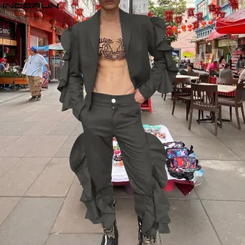 Erkekler Setleri Katı Streetwear Uzun Kollu Fırfır Açık Dikiş Ceket ve Pantolon İki Adet Setleri 2022 Moda Erkek Rahat Takım Elbise INCERUN