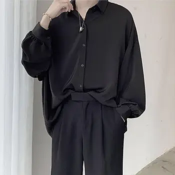 Erkek Vintage Casual Siyah İpek Uzun Kollu Erkek Harajuku Gömlek Kore Üst Sosyal Erkek Resmi Üstleri Düğme Gömlek Alt Giyim