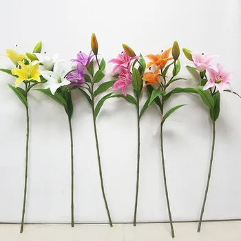 3 Kafaları yapay Çiçek Simüle Zambak Kumaş Sahte Çiçek Ev Dekorasyon Simüle Yeşil Bitki Düğün Dekorasyon Yol Rehberi