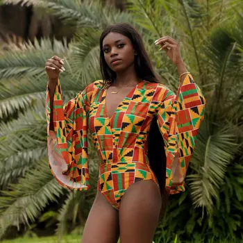 2022 Yeni Afrika Tarzı Monokini Seksi V Yaka Mayo Kente Baskılı Kadın Moda Uzun Kollu Plaj Mayo