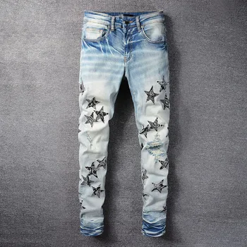 Yeni Stil AM 2022 Bahar Moda Yeni Yıldız İşlemeli Yıldız Siyah Mavi Yama Kot erkek İnce Pantolon kot Pantolon 825 erkekler için