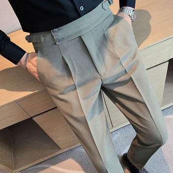 Sonbahar Napoli Yüksek Bel Pantolon Erkek Düz Renk Resmi Slim Fit Takım Elbise Pantolon İş Ofis Sosyal Düğün Parti takım elbise pantalonları