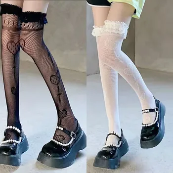 Y2k Kızlar Dantel Üst Sevimli Kalp Lolipop Baskı file çoraplar Uyluk Yüksek Diz Üzerinde Uzun Çorap JK Gotik Kadınlar Seksi Örgü Çorap