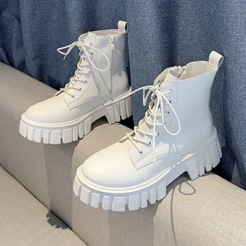 TSTCTB 2022 Yeni Kadın Beyaz yarım çizmeler PU Deri Kalın Taban Lace Up Savaş Patik Kadın Sonbahar Kış platform ayakkabılar Kadın