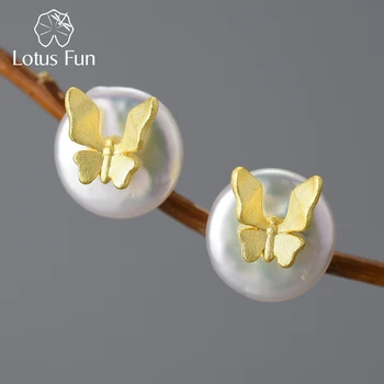 Lotus Eğlenceli Sıradışı Vintage Doğal Barok İnci 18K Altın Kelebek Saplama Küpe Kadınlar için Gerçek 925 Ayar Gümüş Güzel Takı