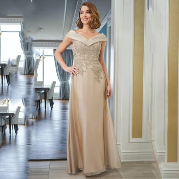 2022 Şampanya Anne Gelin Elbiseler Off-Omuz A-line Dantel Aplike Boncuk Kristal V Yaka Düğün Akşam Anne önlük