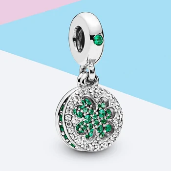 Gerçek 925 Ayar Gümüş Boncuk Göz Kamaştırıcı Yeşil Yonca Kolye Kristal Charm Fit Pandora Bilezikler Kolye Kadınlar DIY Takı