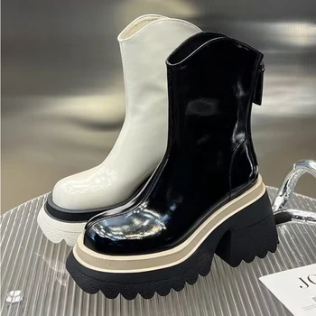 Yeni Kışlık botlar Bayan yarım çizmeler Bayanlar Yuvarlak Ayak yarım çizmeler Fermuar Ayakkabı 2022 Siyah Bayanlar Kalın Topuk Çizmeler Botas Mujer