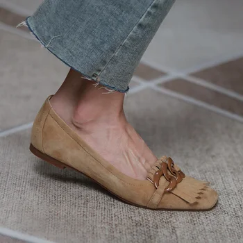 Kadın Hakiki Deri Saçak Flats Süet Tıknaz Yüksek Topuk Ayakkabı Zinciri Dekor Zarif 2021 İlkbahar Sonbahar Yeni rahat ayakkabılar Loafer'lar
