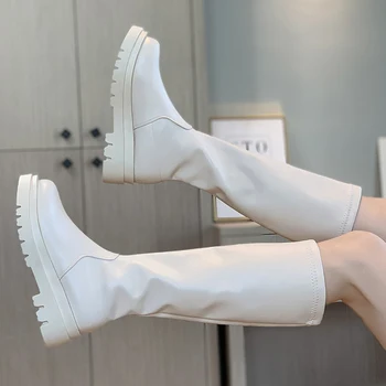2021 platformu Diz Yüksek Çizmeler Slip-on Blok Topuk Ayakkabı Kadın Kalın Yüksek Topuklu PU deri ayakkabı Moda Bahar Kadın Botları