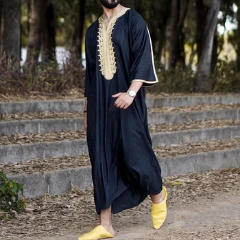 İslam Kaftan Müslüman Erkek Giyim Fas Kaftan El İşlemeli Gevşek ve Nefes Alabilen Djellaba Abaya Thobe Erkekler için Yaz 2022