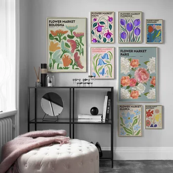 Soyut Renkli Çiçek Koleksiyonu Retro duvar sanatı tuval yağlıboya İskandinav Posterler Ve Baskılar Duvar Resimleri Için Oturma Odası Dekor