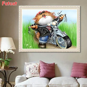 Karikatür Kedi Bir Motosiklet Sürme 5D DİY Elmas Boyama Tam Kare Yuvarlak Rhinestone Nakış Çapraz Dikiş Mozaik Hediye PP1966