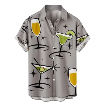 Erkek Hawaii Gömlek Karikatür İçecek Baskılı Kısa Kollu Turn-Aşağı Yaka Düğmesi Moda Rahat Plaj Gömlek Tatil Parti Gömlek