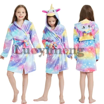 Kış Çocuk Pijama Bornoz Pazen Unicorn Kapşonlu Bornoz Erkek Kız Elbiseler Kigurumi Hayvan Havlu Bornoz çocuk giyim