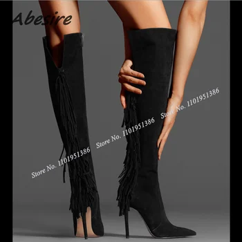 Abesire Yeni Siyah Yan Fermuar Saçak Dekor Çizmeler Katı Diz Yüksek Çizmeler Sivri Burun Ayakkabı Kadınlar için Yüksek Topuklu Zapatillas Mujer
