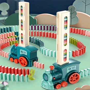 Domino Tren Domino blok seti Otomatik Lay Blok Oyuncak Domino Tren araç seti İstifleme Oyunu Eğlenceli ve Renkli Tren DIY Oyuncak Hediye