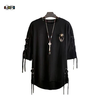 Idopy Kore Moda erkek Sokak Stili Dantel Punk Gotik Kazak Tasarımcısı Steampunk Hem Hip Hop Tişörtü Gömlek Tees