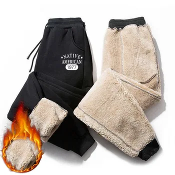 Erkekler Lambswool Pantolon Kış Rahat Termal Sıcak Polar Ayak Bileği Bağlı İpli Sweatpants Vintage Spor Koşu Gevşek Pantolon