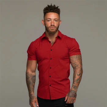 Yaz Moda Kısa Kollu Gömlek Erkekler Katı Süper Slim Fit Erkek Sosyal İş Elbise Gömlek Marka Erkek Spor Salonu Spor Spor Giyim