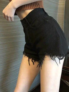 Yüksek Bel Kot Şort Kadın Yaz Cep Püskül Delik Yırtık Kot Kısa Kadın Femme kısa pantolon