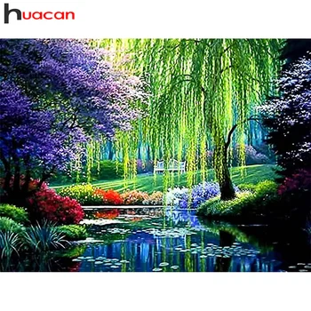 Huacan Dıy Elmas Boyama Ağacı Manzara Ev Dekor Nakış Mozaik Bahçe Manzara Kare / yuvarlak Duvar Sticker