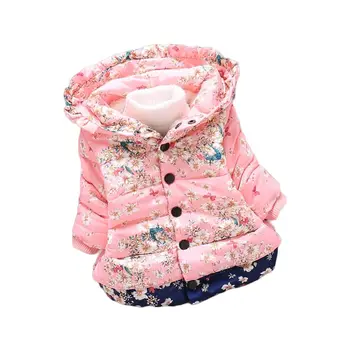 2022 Kış Bebek Kız Ceket Çocuklar Sıcak Pamuk Dış Giyim Palto Çocuk Çiçek Baskı Kapşonlu Ceketler Kız Elbise