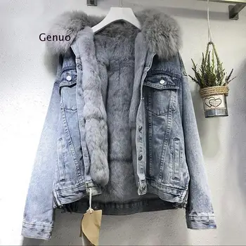 Kadın Denim Ceket Büyük Boy Gevşek Kürk Yaka Artı Kadife Jean Parkas Kadın Kış Giysileri Vintage Pamuk Kalın Sıcak Denim Ceket