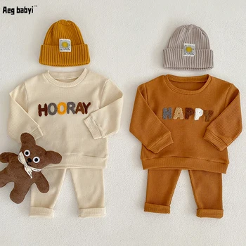 Sonbahar Çocuk Giyim Seti Bahar Toddler Erkek Bebek Kız Waffle Rahat Hoodie Tops + Gevşek Pantolon 2 adet Çocuk Giyim Kıyafet