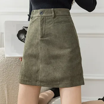 Kadın Mini Etekler Ofis Bayanlar Sonbahar Kış Kore Yüksek Bel A-Line Sıska Katı Kadife Etek Kadın Casual Streetwear