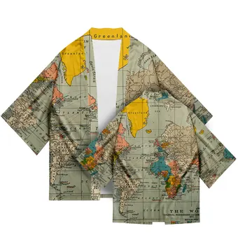 Artı Boyutu Dünya Haritası Baskı 2022 Yaz Gevşek Japon Streetwear Hırka Kadın Erkek Harajuku Kimono Cosplay Vintage Gömlek Yukata