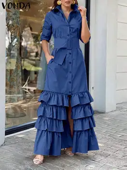 VONDA Bohemian Denim Elbise 2022 Düğmeli Gömlek Kuşaklı Maxi Sundress Katı Uzun Kollu Ruffled Elbise Kadınlar Casual Parti Elbise