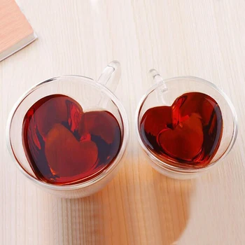 Kalp Aşk Şekli Cam çift Duvar kahve kupa bardak çay Süt Suyu şeffaf su bardağı ısıya dayanıklı Drinkware seti