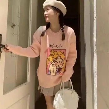 Örme Harajuku Kış Kız Kawaii Kazak Elbise Kadın Kazak Uzun Kollu Üst Japon Karikatür Streetwear Kadın Kazak