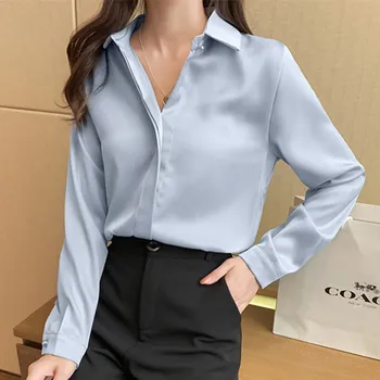2022 Bahar kadın Gömlek Saten Bluz Kadınlar için Uzun Kollu Gömlek İpek Beyaz Gömlek OL Kadın Katı Bluzlar Kazak Bayanlar Tops