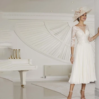 Gelinlik Elbiseler Zarif Yanılsama 2022 için Yarı Kol Sequined Aplike Konuk Düğün Parti Elbise beyaz Modern Anne 