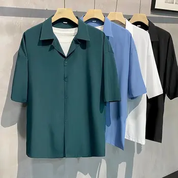 Erkek Düz Renk Gömlek Yaz Serin Kumaş Yeni Moda Yaka Gevşek Kısa Kollu Gömlek Ofis Rahat Tatil Erkek Giyim Tops