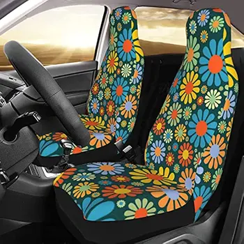 Koliocaa Hippi Çiçek Araba Koltuğu Kapakları, tam Set Ön çanak koltuk Koruyucu Kapakları Sevimli Araba Aksesuarları Kadınlar için 2 Adet