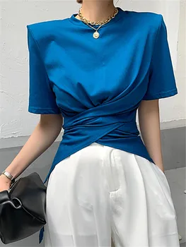 2022 Yeni Yaz Katı Çapraz kadın kısa kollu T-shirt O-boyun Ön Bölünmüş Dip Minimalist Gömlek Şık Uzun Üstleri Kadın