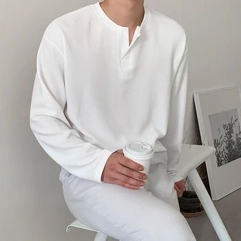 Moda Pamuk erkek Düz T-Shirt Gevşek Rahat İç Uzun Kollu Erkek Kazak Tüm Maç Erkek Üst Dip Gömlek Bahar Yeni
