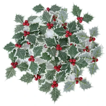 10 Paket Yapay Berry Ercik Kırmızı Kiraz Meyveleri Noel Noel Düğün Çelenk Garland Dekor Sahte Yeşil Yapraklar 5 ila 6cm