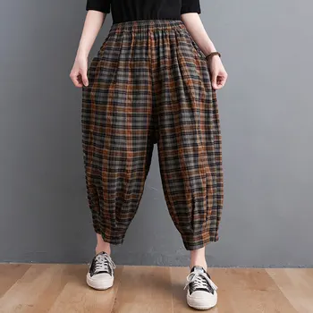 Yeni Varış 2022 Yaz Sanat Tarzı Kadın Elastik Bel Gevşek Ayak Bileği uzunlukta pantolon Pamuk Keten Ekose Vintage harem pantolon V463