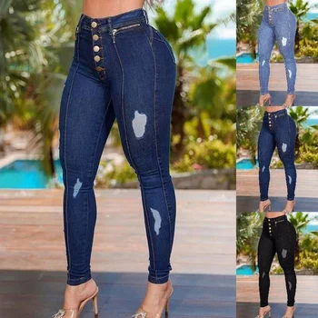 Kot Kadın Yüksek Bel Sıska Yırtık Pantolon Rahat Slim Fit dar kot Klasik Uzun Kot Pantolon Sıkı Mavi moda Kot