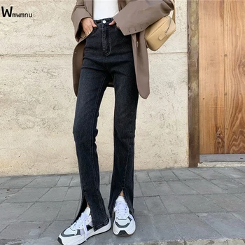 Streetwear Yüksek Bel Kot Kadın Rahat Yeni Uzun Boylu Kız Düz Kot İnce Ön Yarık Vintage Denim Düz Bacak Pantolon kadınlar İçin