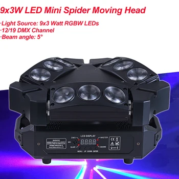 Büyük indirim! 1 Adet hareketli kafa ışık Mini LED örümcek 9X3W RGBW 4IN1 tam renkli ışın ışıkları 12/19 512 DMX kanal hızlı Kargo