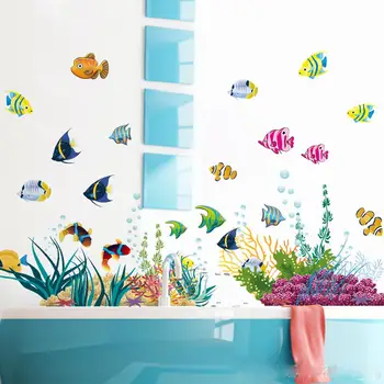 Karikatür Denizaltı Renkli Balık Duvar Sticker Çocuk Odaları Banyo Süslemeleri Duvar Kağıdı Duvar Çıkarılabilir Cam Pencere Çıkartmaları