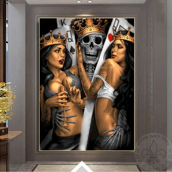 Soyut Kafatası Kral ve Kraliçe Poker Posterler Ve Baskılar Seksi Kız Tuval Boyama Duvar Resmi Oturma Odası Ev Dekor İçin duvar